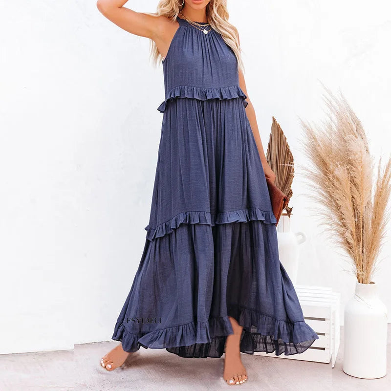 Vestido largo informal con volantes lisos para mujer, Vestido veraniego elegante sin mangas, Vestido largo Harajuku, Vestido de noche para fiesta en la playa
