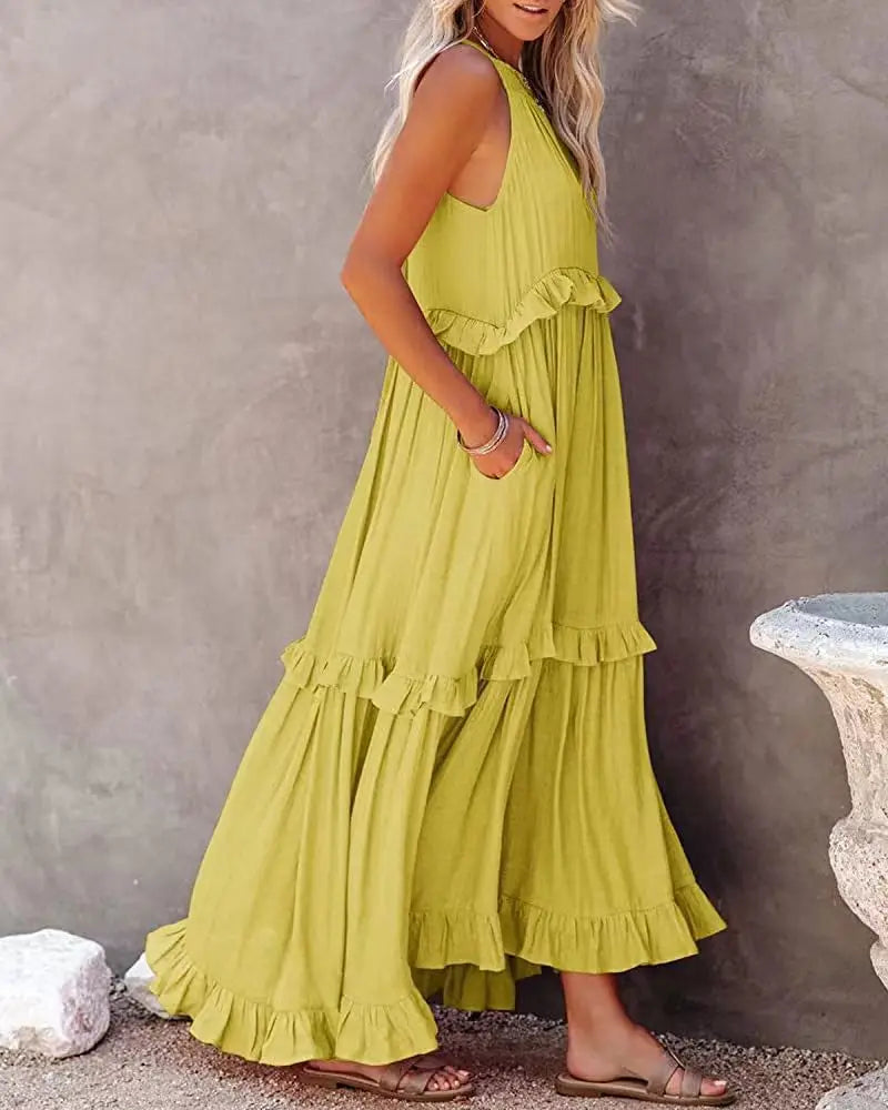 Vestido largo informal con volantes lisos para mujer, Vestido veraniego elegante sin mangas, Vestido largo Harajuku, Vestido de noche para fiesta en la playa