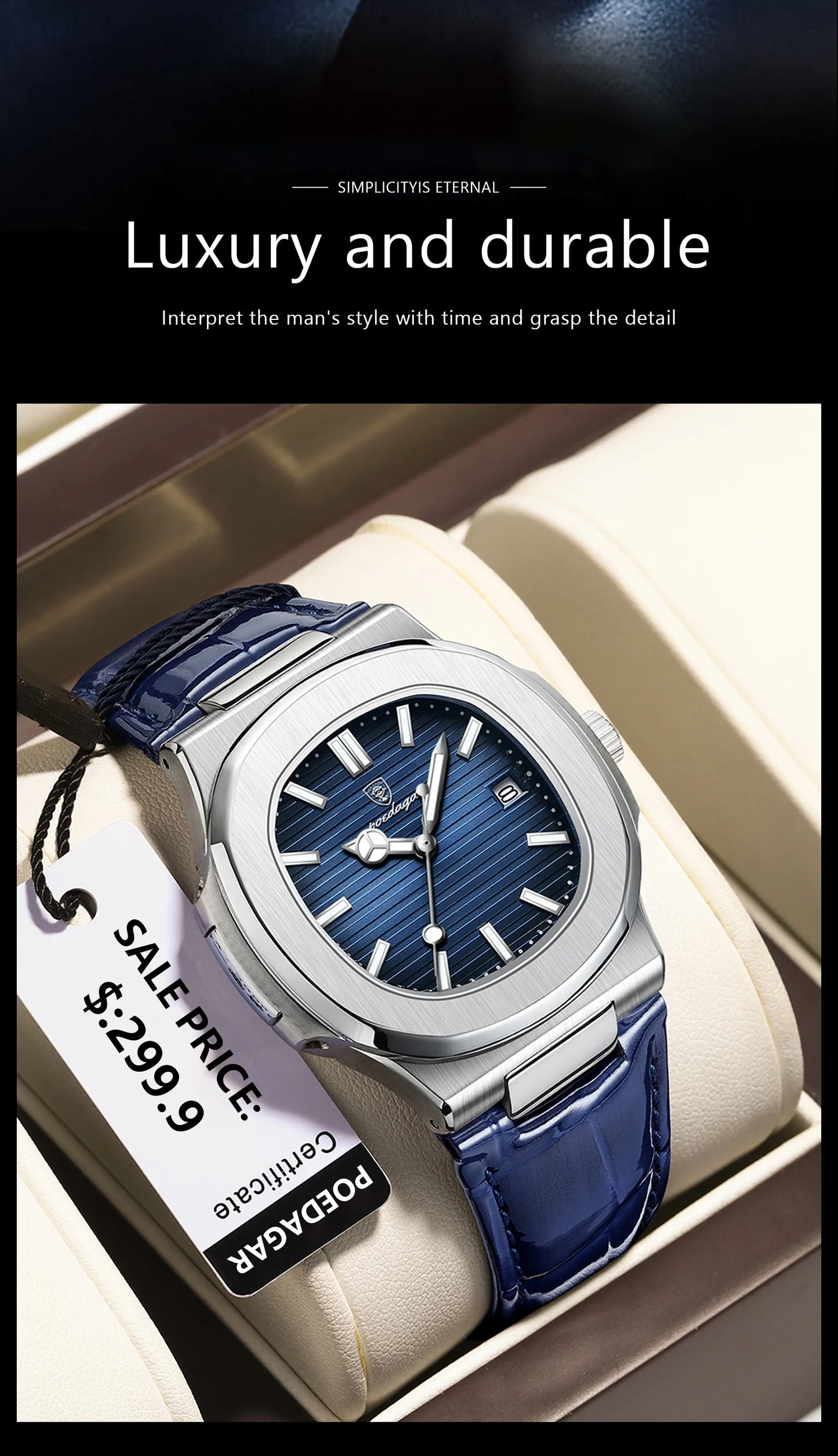 Reloj de pulsera POEDAGAR de lujo para hombre, relojes de cuero con fecha luminosa resistente al agua para hombre, reloj cuadrado deportivo para hombre, relojes casuales de cuarzo para hombre
