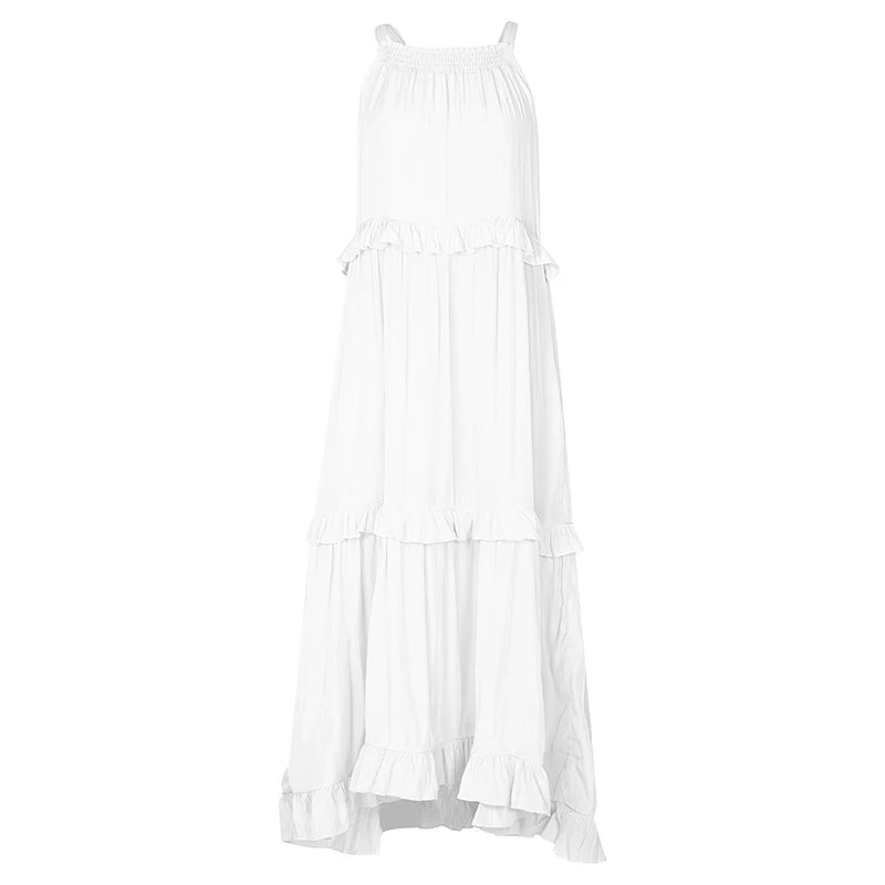 Vestido largo informal con volantes lisos para mujer, Vestido veraniego elegante sin mangas, Vestido largo Harajuku, Vestido de noche para fiesta en la playa