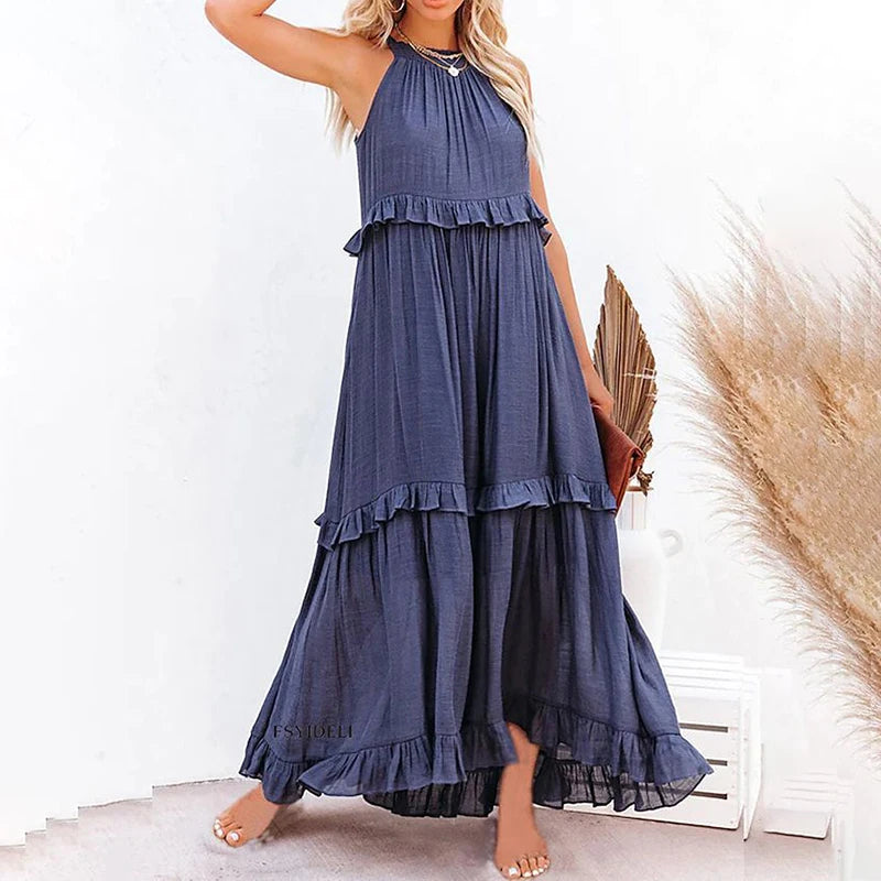 Vestido largo informal con volantes lisos para mujer, Vestido veraniego elegante sin mangas, Vestido largo Harajuku, Vestido de noche para fiesta en la playa