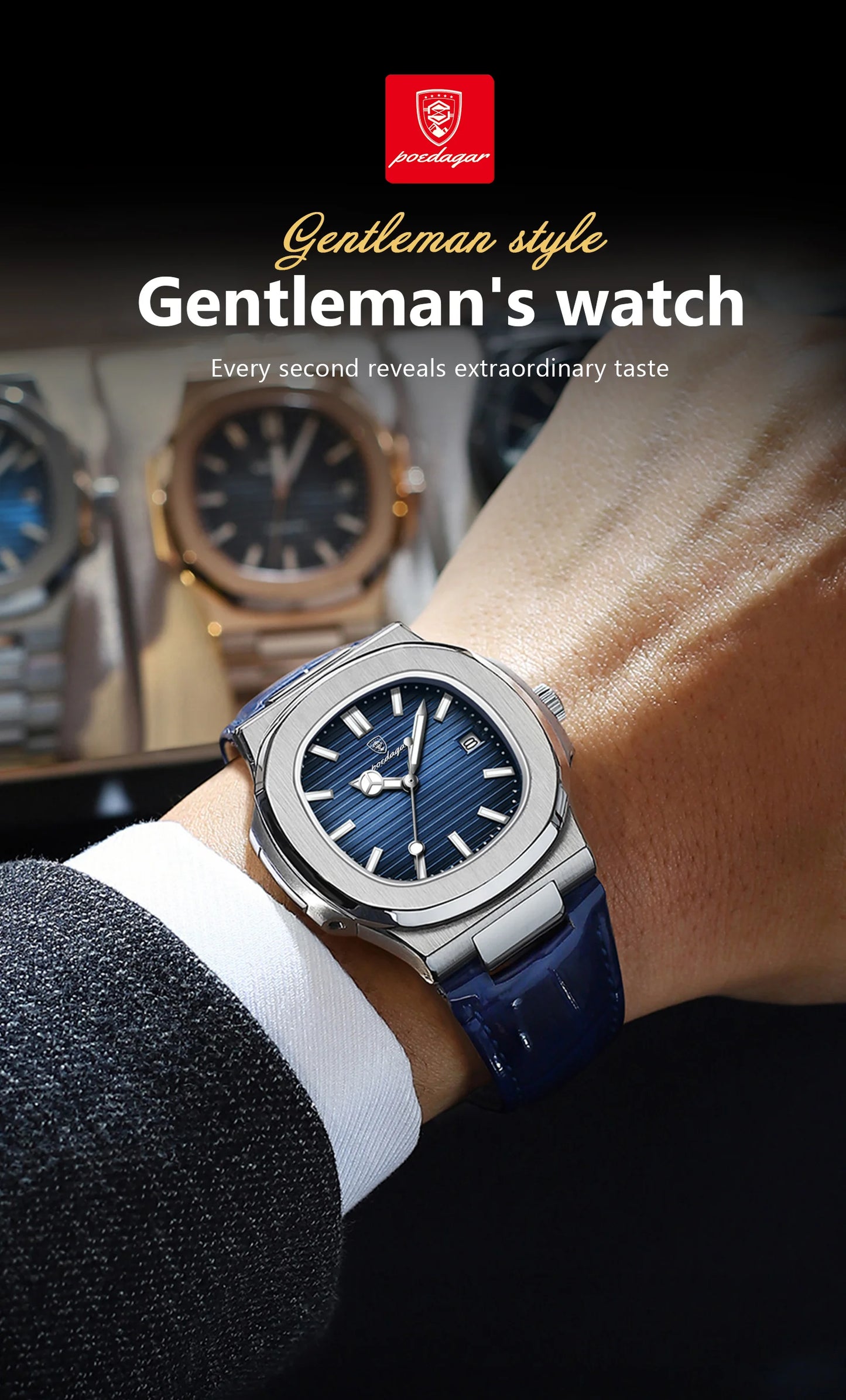 Reloj de pulsera POEDAGAR de lujo para hombre, relojes de cuero con fecha luminosa resistente al agua para hombre, reloj cuadrado deportivo para hombre, relojes casuales de cuarzo para hombre