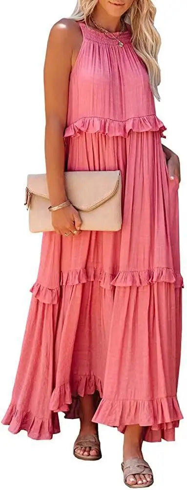 Vestido largo informal con volantes lisos para mujer, Vestido veraniego elegante sin mangas, Vestido largo Harajuku, Vestido de noche para fiesta en la playa