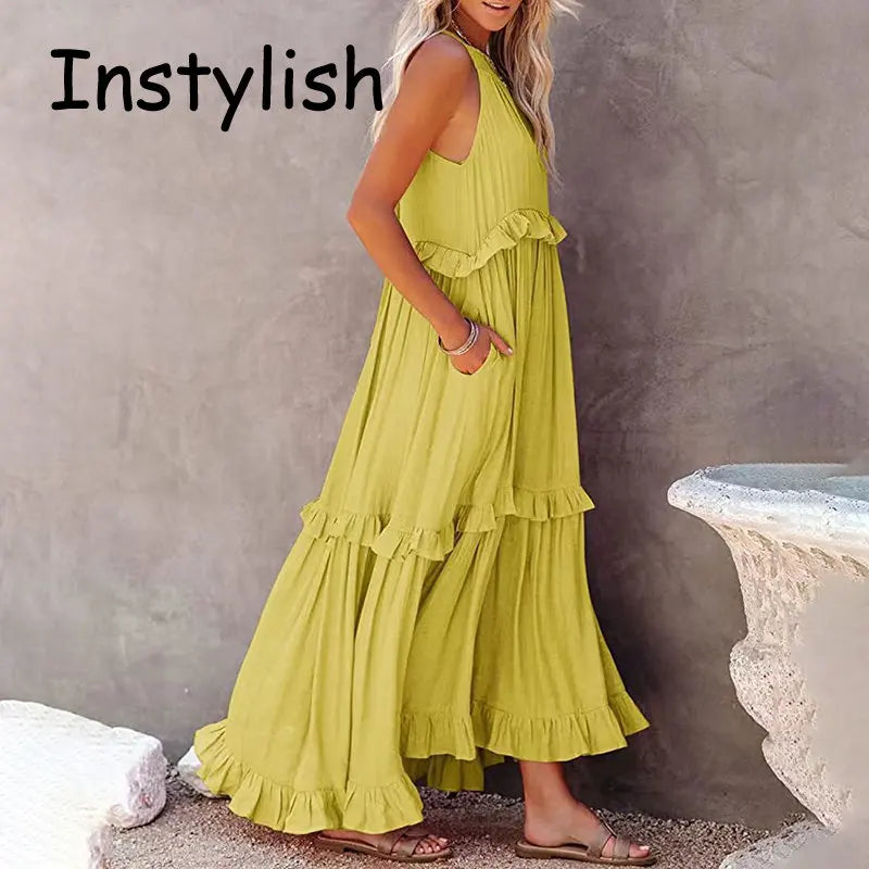 Vestido largo informal con volantes lisos para mujer, Vestido veraniego elegante sin mangas, Vestido largo Harajuku, Vestido de noche para fiesta en la playa