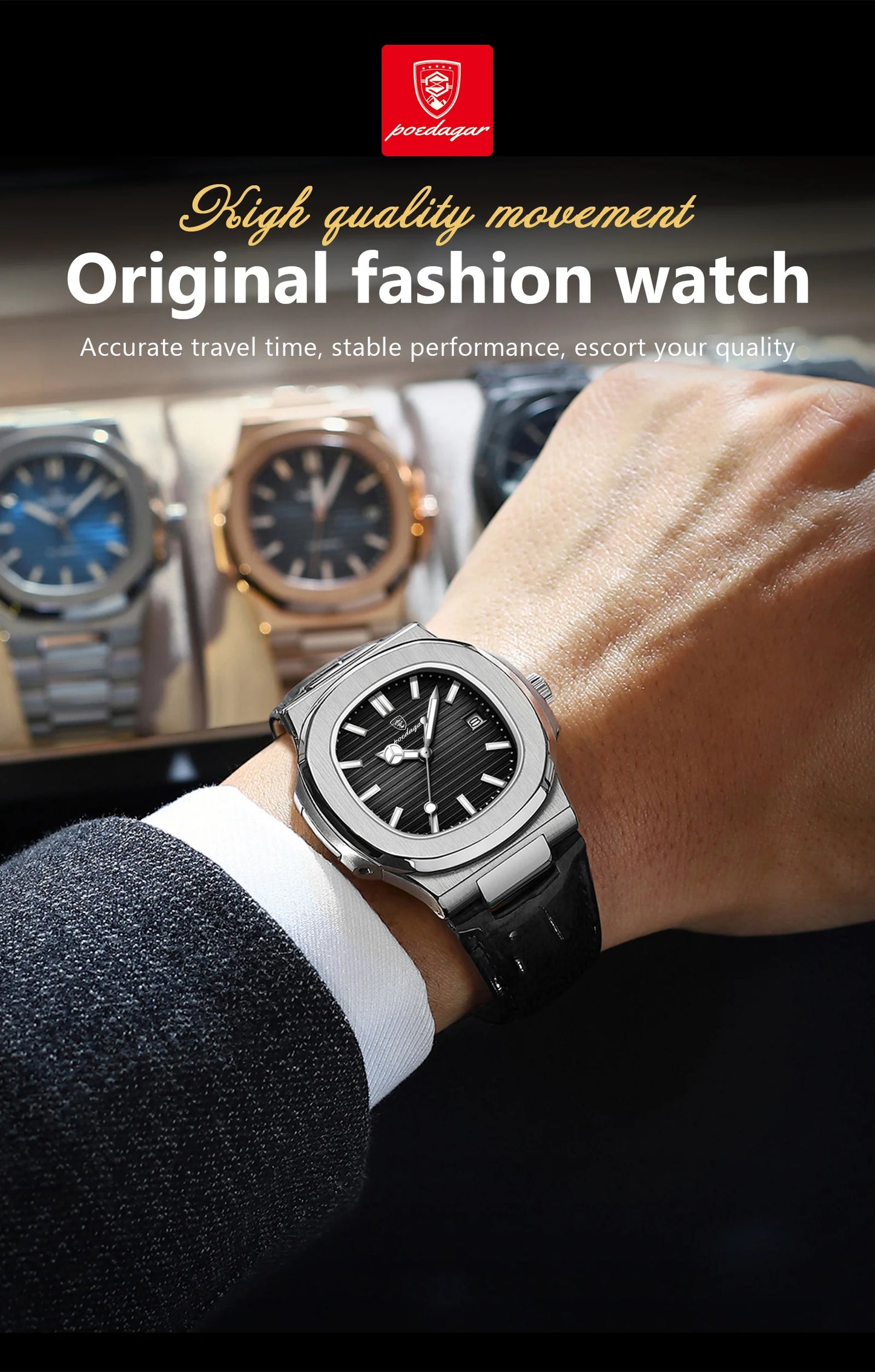 Reloj de pulsera POEDAGAR de lujo para hombre, relojes de cuero con fecha luminosa resistente al agua para hombre, reloj cuadrado deportivo para hombre, relojes casuales de cuarzo para hombre