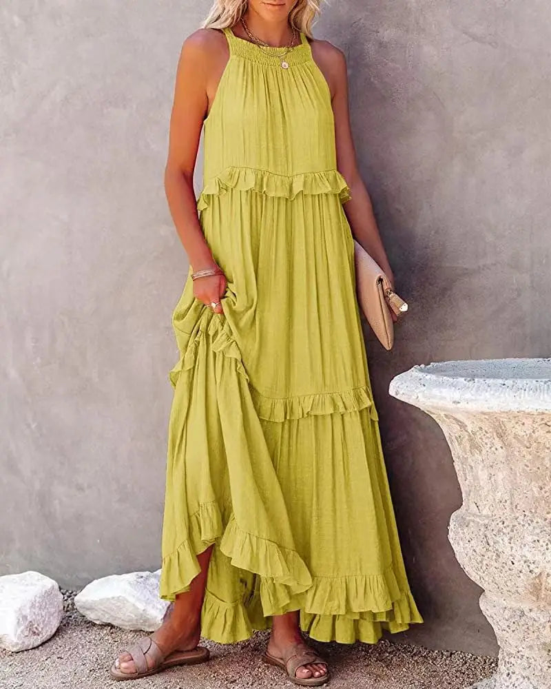 Vestido largo informal con volantes lisos para mujer, Vestido veraniego elegante sin mangas, Vestido largo Harajuku, Vestido de noche para fiesta en la playa