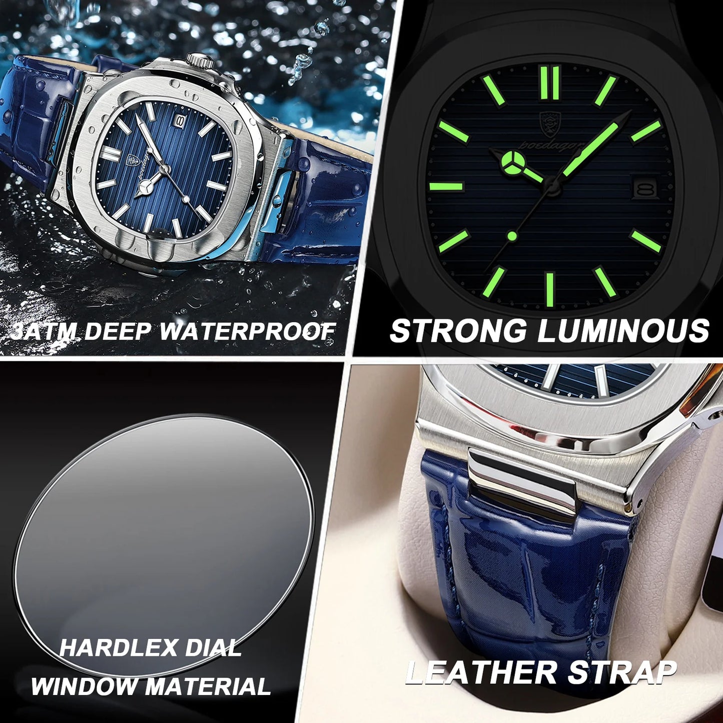 Reloj de pulsera POEDAGAR de lujo para hombre, relojes de cuero con fecha luminosa resistente al agua para hombre, reloj cuadrado deportivo para hombre, relojes casuales de cuarzo para hombre