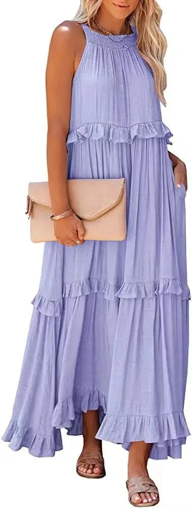 Vestido largo informal con volantes lisos para mujer, Vestido veraniego elegante sin mangas, Vestido largo Harajuku, Vestido de noche para fiesta en la playa