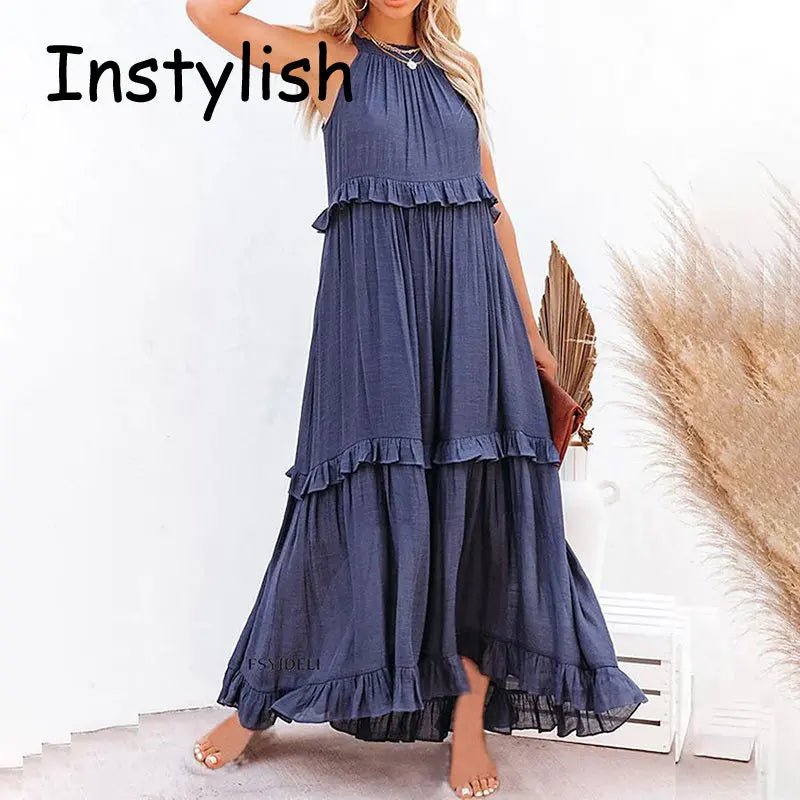 Vestido largo informal con volantes lisos para mujer, Vestido veraniego elegante sin mangas, Vestido largo Harajuku, Vestido de noche para fiesta en la playa